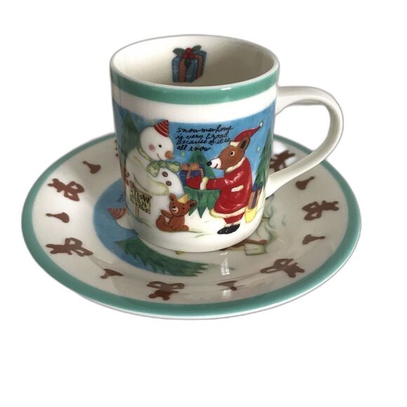 Shinzi Katoh Design by Kisshoh "Snowman Home" Christmas Mug & Saucer Plate 6 1/2 - Picture 1 of 8